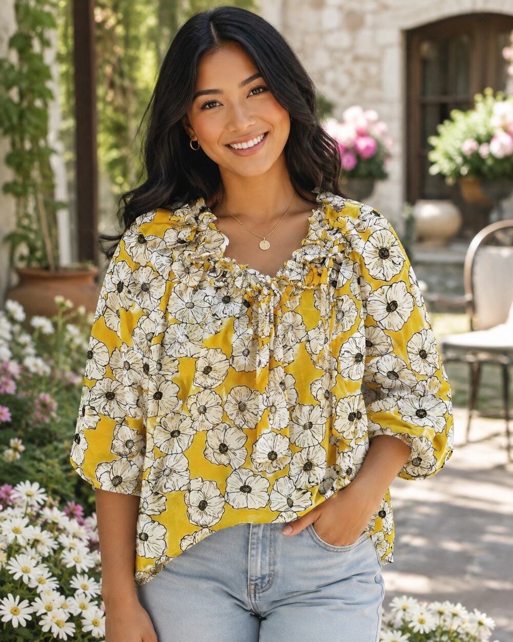 Never A Wallflower Yellow White Silk Cotton Floral Vicki Top Blouse Size Medium